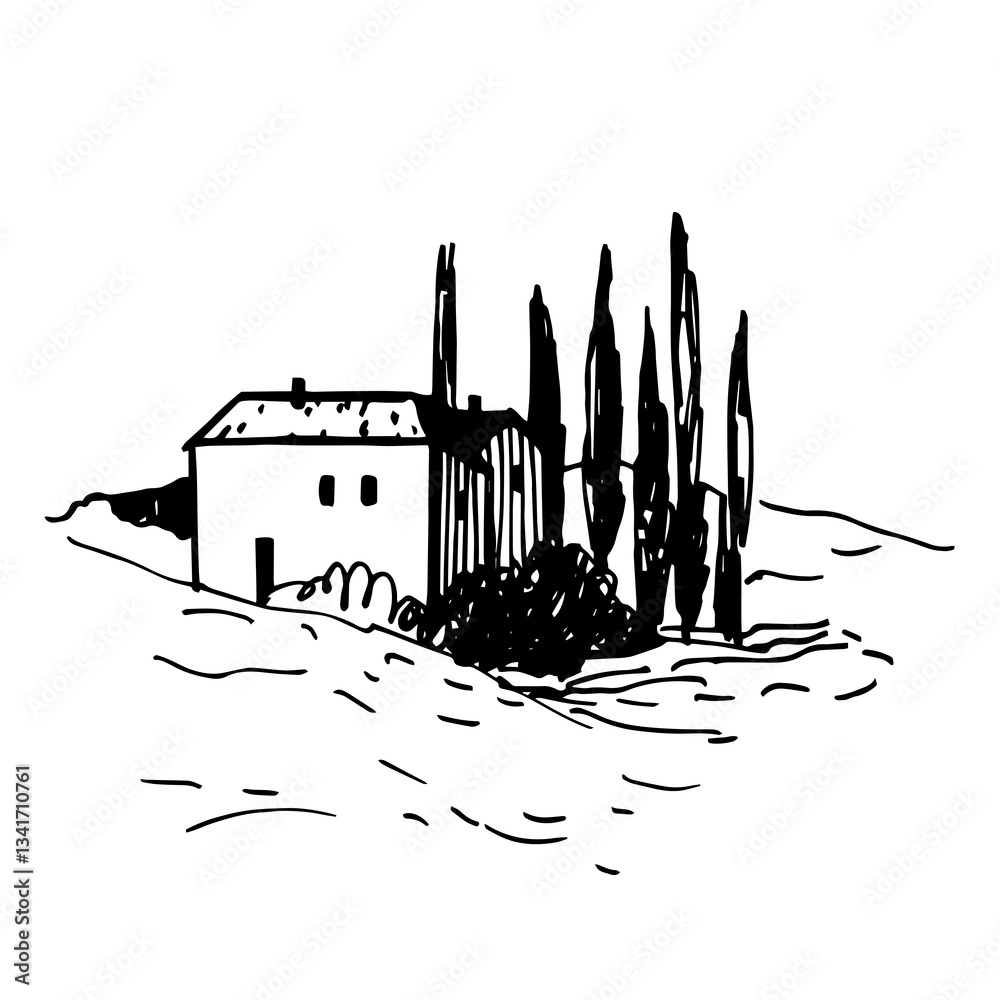 Obraz premium Hand-drawn landscape of Tuscany. Vector sketch illustration.