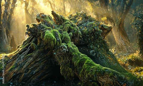 Enchanted Forest: Sunbeams Dance on Mossy Tree Trunk