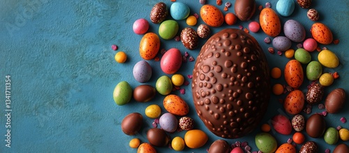 Colorful Chocolate Eggs and Large Chocolate Egg Arranged on a Textured Blue B...