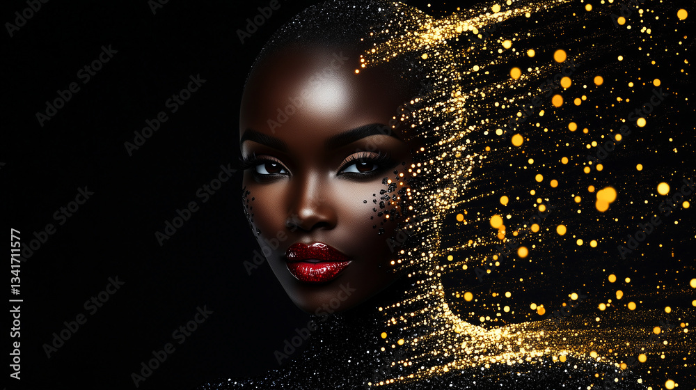 Beautiful face of a young dark-skinned girl, encrusted with jewels, surrealism