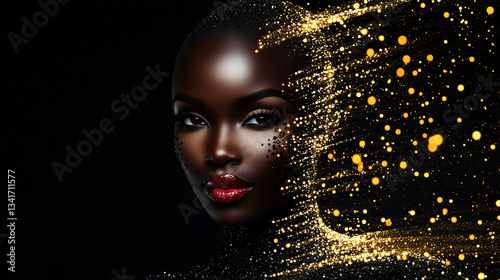 Obraz na płótnie Beautiful face of a young dark-skinned girl, encrusted with jewels, surrealism w salonie