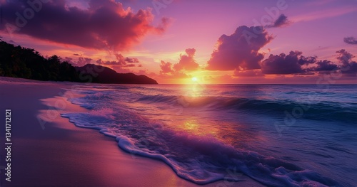Majestic Sunset Over a Serene Beach With Gentle Waves and Vibrant Clouds