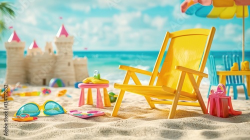 Wallpaper Mural A yellow beach chair, Realistic photography worksï¼Œflippers and goggles on the sand with an umbrella next to it. In front there are some toys like  Torontodigital.ca