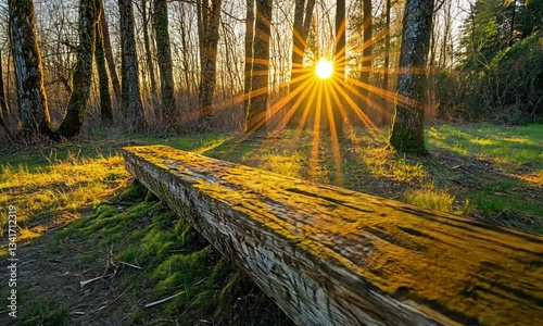 Serene Sunset: A Rustic Bench Bathed in Golden Light