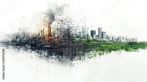 abstract art. Background is white. On the left, a old industrialized dirty city from 1800 coal age. On the right is a green landscape with modern city. 
