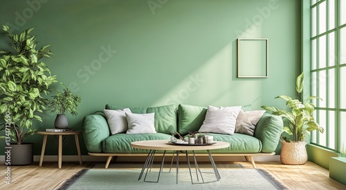 Modern Living Room With Green Wall and Natural Light in Cozy Urban Apartment