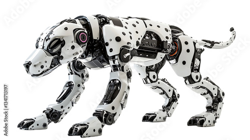 Robotic dalmatian with white and black plating is shown prowling