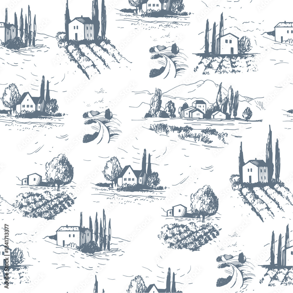 Obraz premium Hand-drawn houses and trees. Vector seamless pattern.