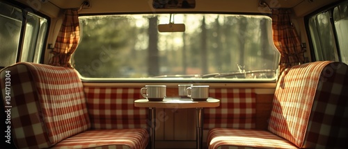 Cozy Morning in a Vintage Camper With Warm Light and Checked Patterns