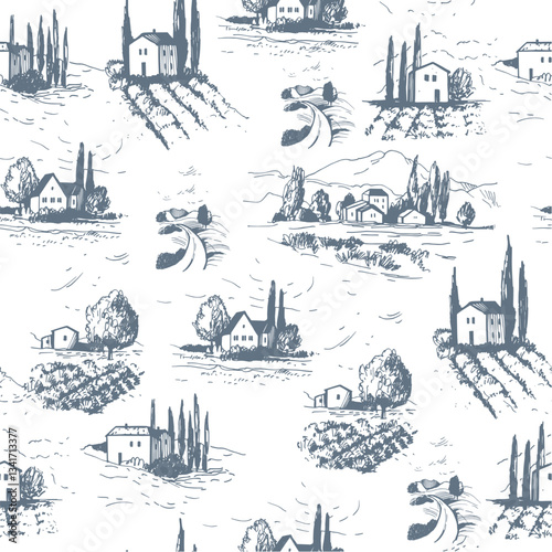 Hand-drawn houses and trees.  Vector seamless pattern.
