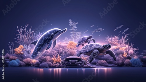 Underwater Scene  Dolphin  Turtles  Crab  Coral Reef  Ocean Life  Coloring Book Style