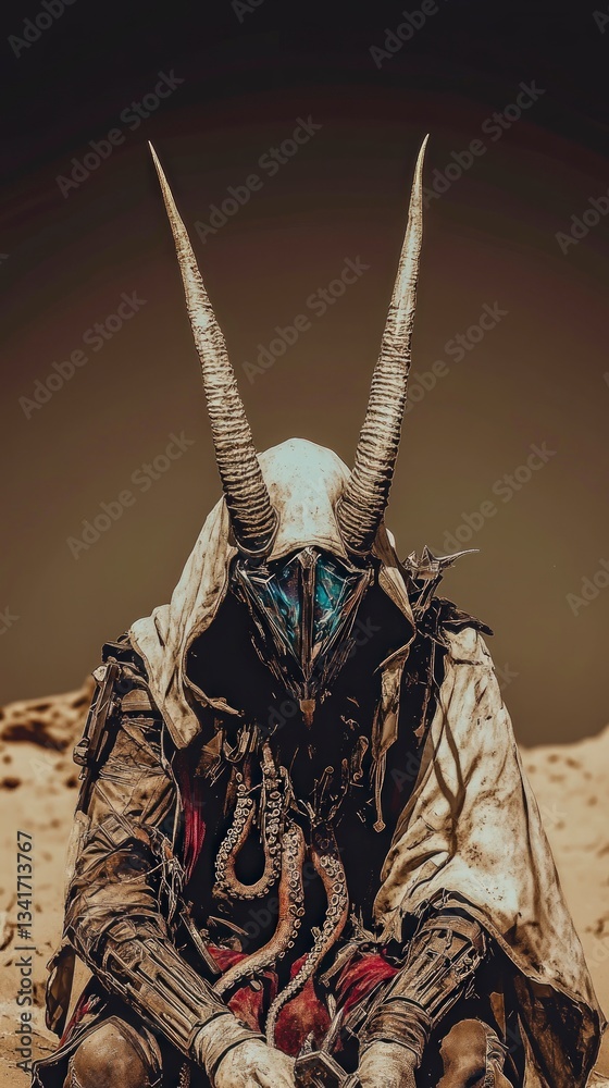 Fototapeta premium Cyberpunk Desert Nun Horned Sci Fi Warrior in Sandstorm