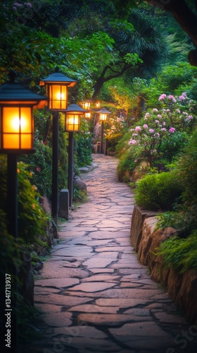 Pathway Illuminated by Lanterns in a Tranquil Garden Setting at Dusk