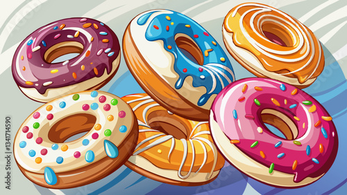 donuts with thick glaze on top, creamy texture and different colours with shiny effect against pink background