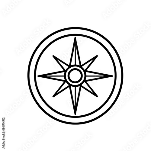 Black and white compass rose icon with an intricate circular design, featuring eight directional points, symbolizing navigation, exploration, and wayfinding.