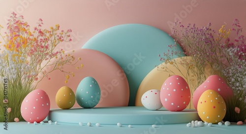 Colorful Easter Celebration Setup With Pastel Eggs and Decorative Elements fo...