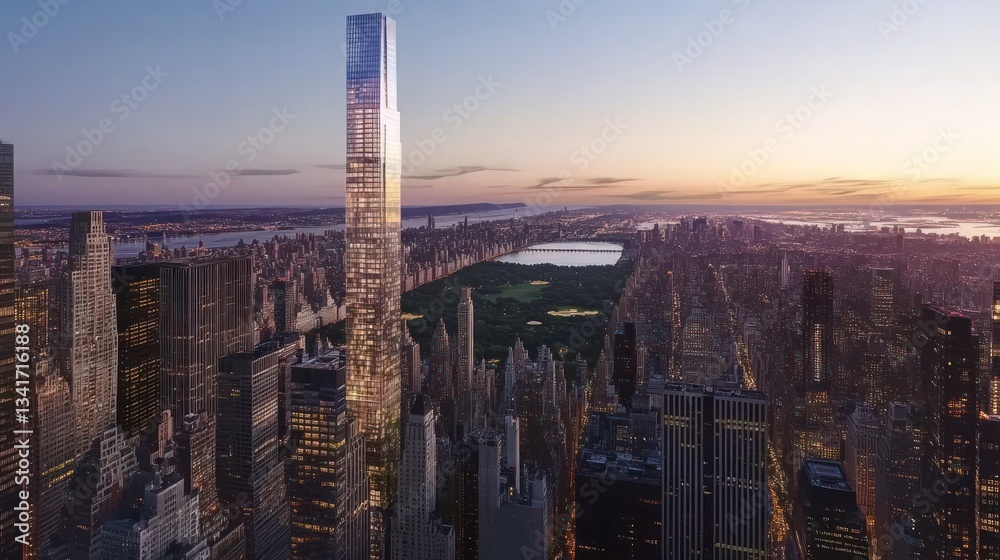 Fototapeta premium A Stunning Panoramic View of New York City Skyscrapers at Dusk with Central Park