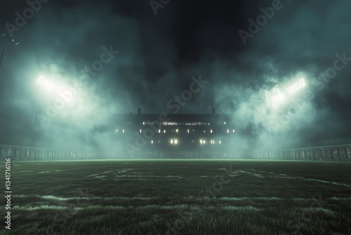 Misty Football Stadium During Dusk With Bright Lights Illuminating the Field