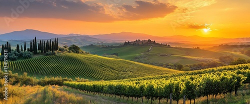 Golden Hour Over Rolling Hills and Vineyards of Tuscany Landscape