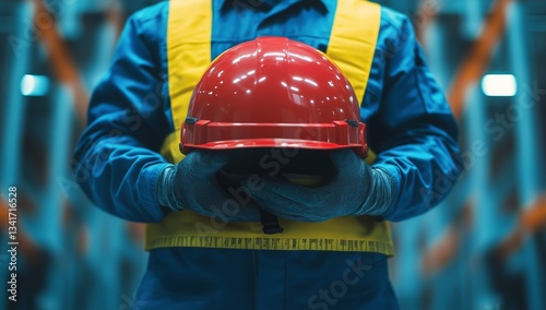 Construction Worker Holds Red Safety Helmet in Warehouse Environment With Yel...