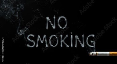 No smoking concept. Cigarette with smoke forming the words No Smoking on a black background. Health, addiction, and anti smoking campaign.