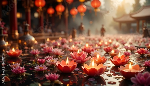 clay oil lamps with bright, steady flames, placed on a reflective water surface adorned with floating pink and orange lotus flowers.
