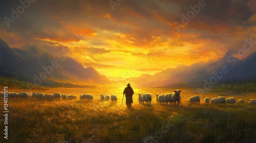 Serene pastoral landscape featuring a shepherd guiding sheep at sunset