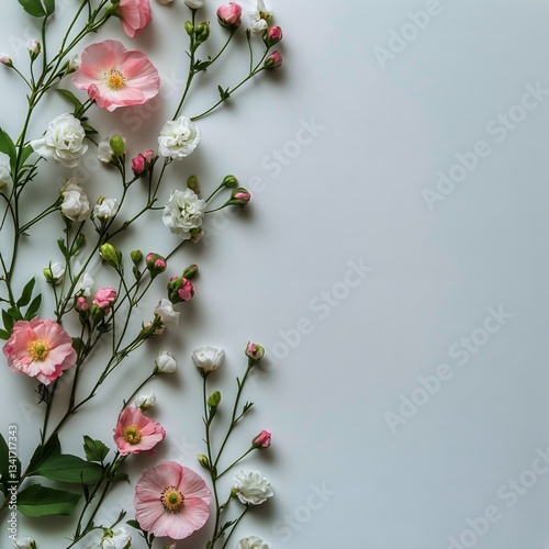 Beautiful Arrangement of Pink Flowers and Green Leaves on a Light Background