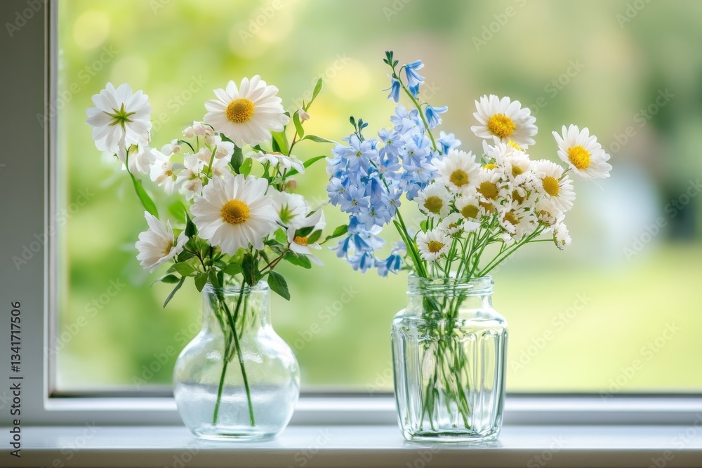 Fototapeta premium Daisies and bluebells in vases on the windowsill indoors during the day