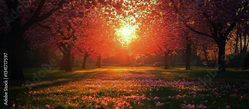 Sunset Casting Warm Light Through Cherry Blossom Trees in a Serene Park Durin...