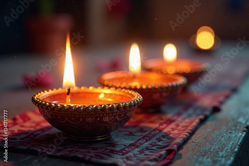 Colorful diyas and candles with intricate metalwork decorations, interior, ornaments