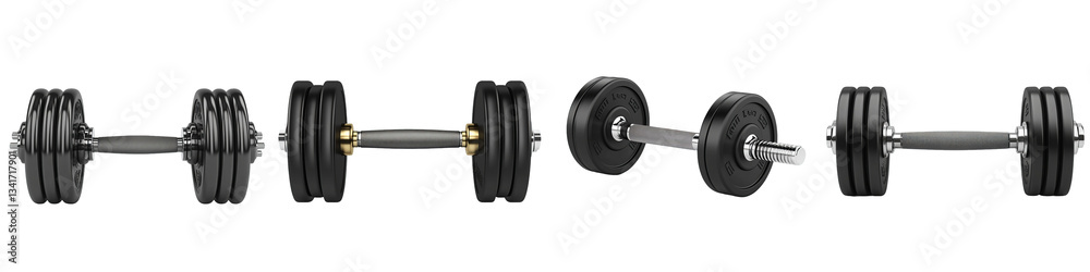 Naklejka premium A series of dumbbells showcasing different weights and adjustments for strength training.