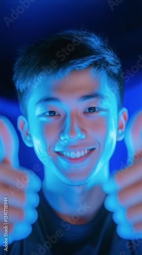 Young Man Happily Giving Thumbs up in Blue Light Setting Indoors at Night