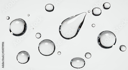 Clear water drops suspended midair in a clean white background