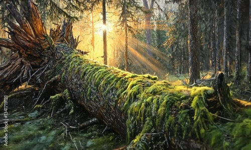 Sunlit Mossy Log in a Mystical Forest