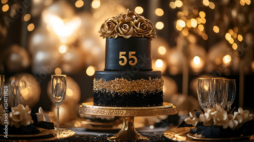 Elegant 55th birthday cake with gold lace and rose topper
