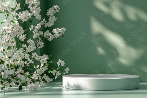 Elegant Floral Arrangement on a Round Pedestal Against a Soft Green Backdrop