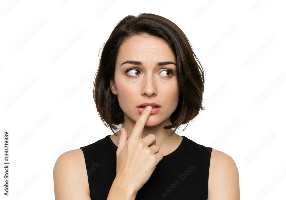 Portrait of curious woman touching lips with finger looking away isolated on White background Portrait of curious woman touching lips with finger looking away isolated on White background