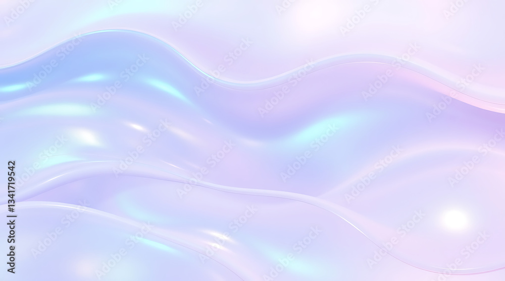 Obraz premium A vibrant holographic background with smooth gradient waves and an iridescent sheen. The reflective surface shifts between pastel blues, purples, and pinks, Created with generative AI
