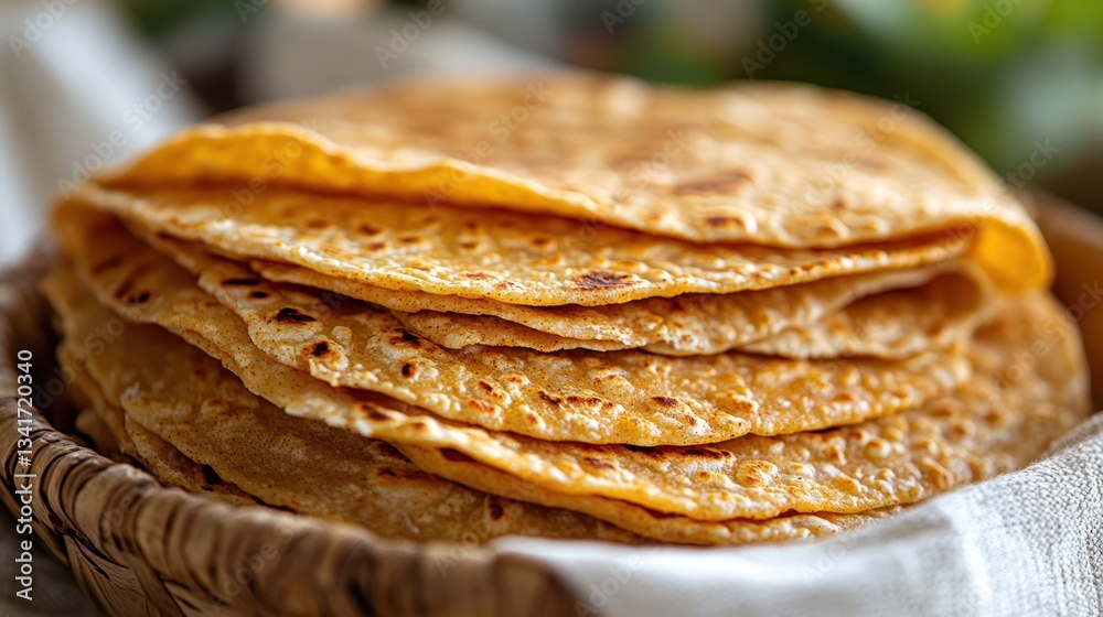 Golden-brown flatbreads stacked in a basket Golden-brown flatbreads stacked in a basket