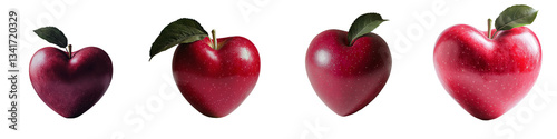 A red apple in the shape of a heart, paired with a green leaf, is depicted in isolation on a transparent background, courtesy of Generative Ai