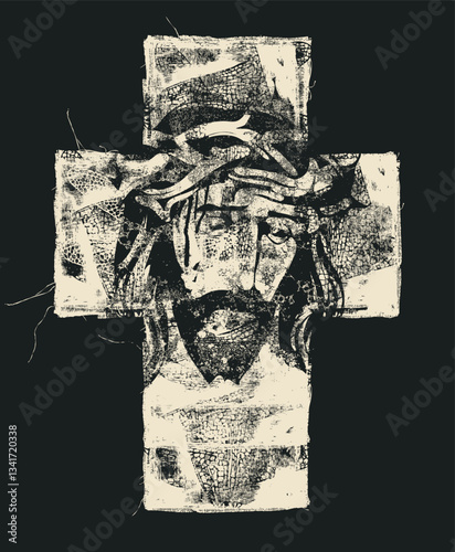 Easter banner or greeting card with a piece of old fabric and unraveled threads in the form of a Christian cross with a portrait of Jesus Christ in a crown of thorns. logo, t-shirt disign