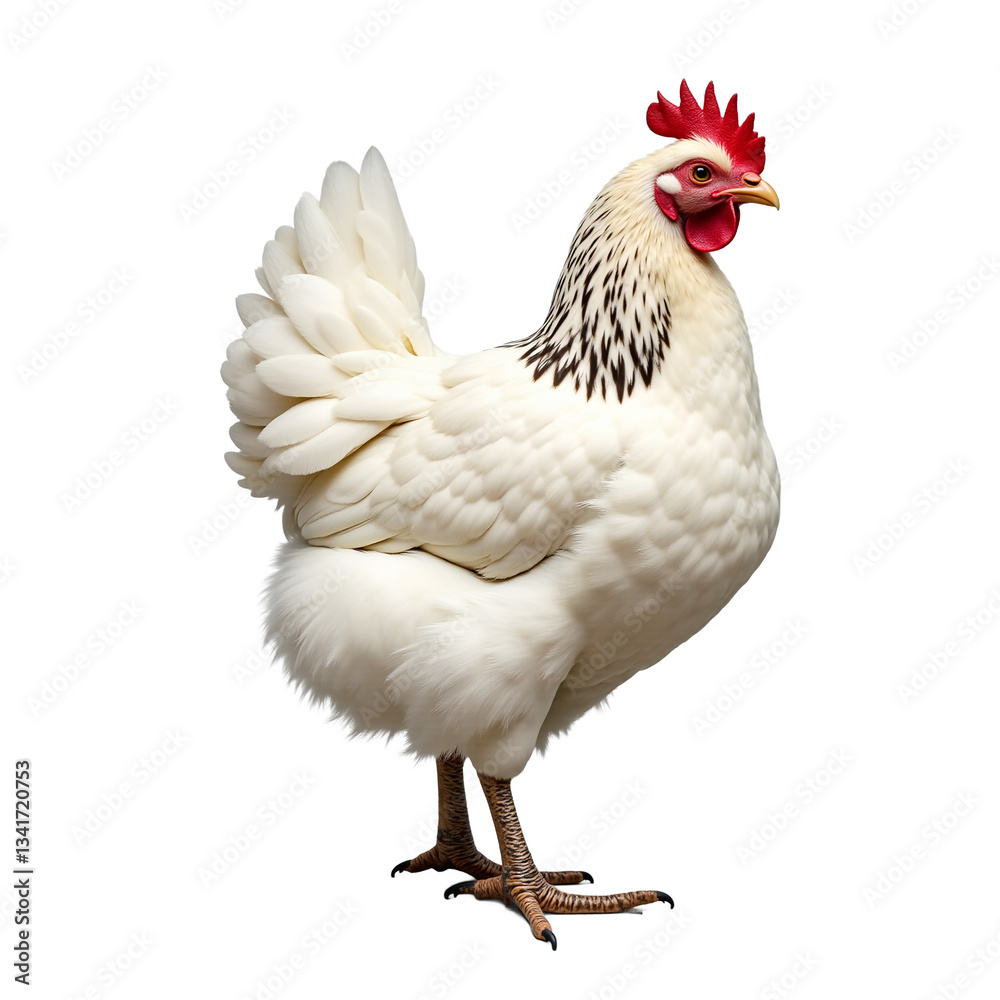 Fototapeta premium White broiler chicken isolated on white background, cut out. Speckled hen with red comb & wattle, realistic painting style. Ideal for food, farming, agriculture designs.