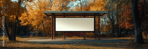 Bus Stop Shelter Surrounded by Colorful Autumn Trees in a Serene Park Setting