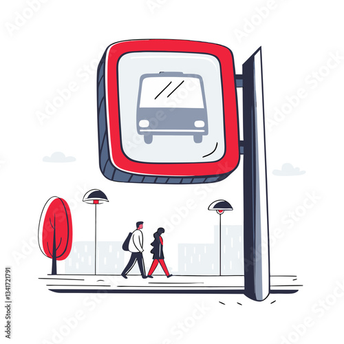 Modern bus stop vector illustration featuring a large bus sign, pedestrians, and urban elements in a minimalistic and clean style.