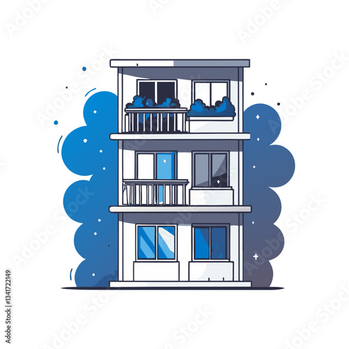 Modern three-story apartment building with balconies and large windows, featuring a clean and stylish design. Minimalist vector illustration with blue accents.