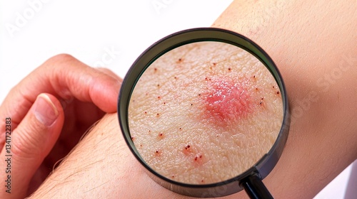 close-up of a skin cancer lesion on a patient’s arm, with a dermatologist examining it under a magnifying lens [Carcinogens]:[Impact on population quality of life] skin cancer, lesion, patient 