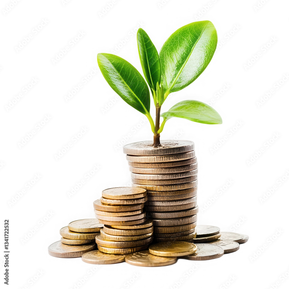 Pile of coins with a growing plant on top symbolizing financial growth isolated on transparent background
