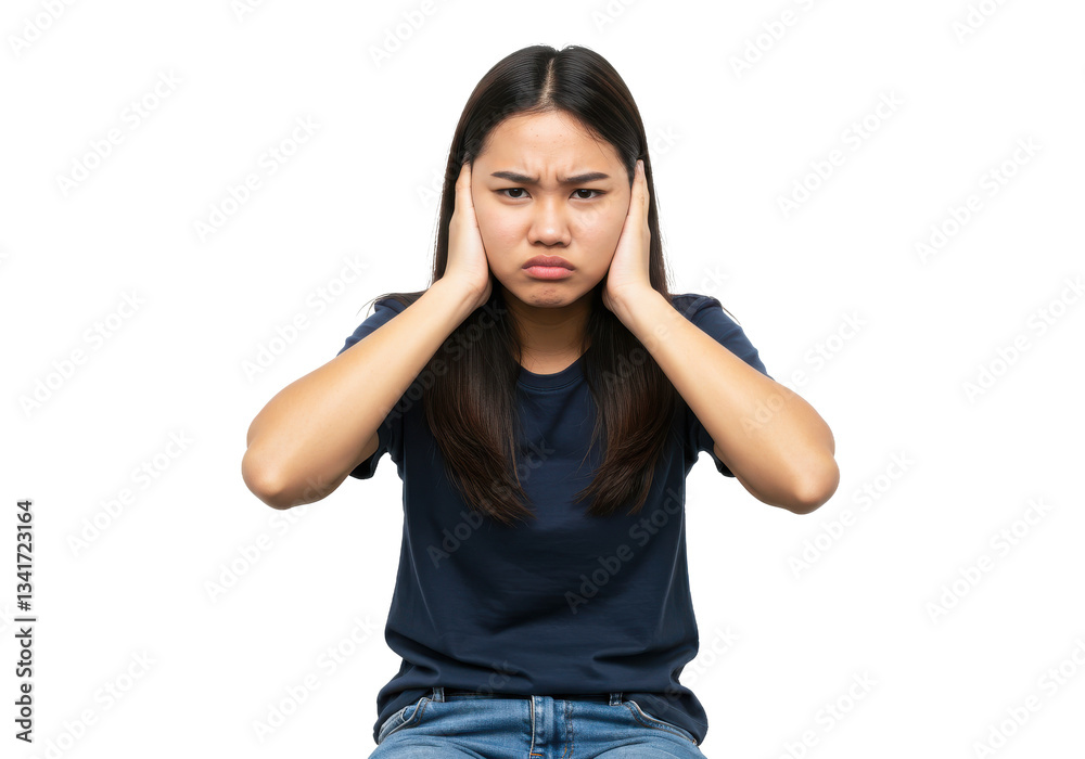 Negative human emotions, reaction and attitude. Frustrated annoyed student girl sitting in the line, covering ears with hands, feeling irritated can't concentrate isolated on White background Negative human emotions, reaction and attitude. Frustrated annoyed student girl sitting in the line, covering ears with hands, feeling irritated can't concentrate isolated on White background
