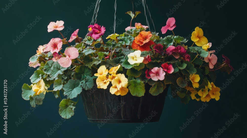 Fototapeta premium Vibrant Hanging Planter with Colorful Begonias Against Dark Background